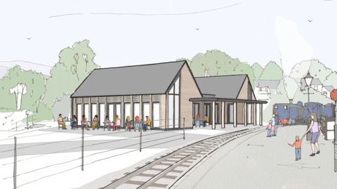 Dyluniad o sut y byddai'r orsaf yn edrych ar ei newydd wedd