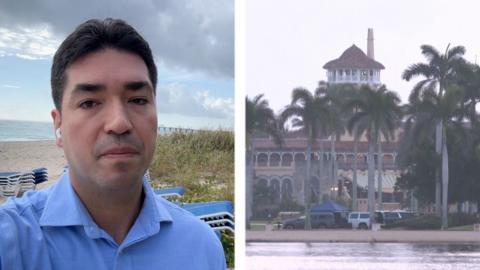 A man wears a blue Polo shirt at the beach on the left and Mar A Lago is on the right.
