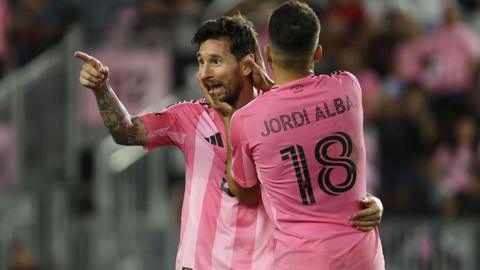 Inter Miami's Lionel Messi celebrates with Jordi Alba