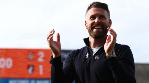 Then-Luton Town boss Rob Edwards celebrating a 2-1 win over Bournemouth in April