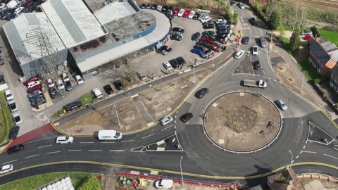 A bird's eye view picture of the roundabout between Finchampstead Road and Molly Millars Lane in Wokingham. 