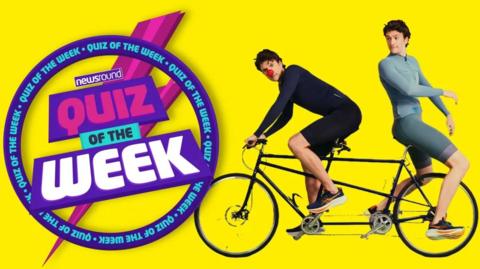 Quiz of the Week logo and Greg James on a tandem bike.