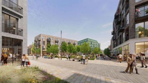 A 3d generated image of what hind street development could look like. There are several three story buildings around a small green space with trees. There a pedestrian walkways, full of people walking.
