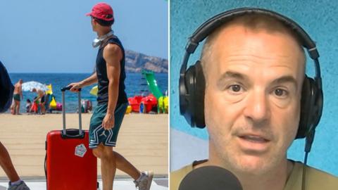 Composite of a young man pushing a suitcase past a beach, and Martin Lewis wearing headphones in a recording studio