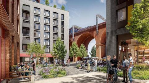 A CGI image of the planned development in Stockport. The historic viaduct can be seen in the background of the image with a seven-storey building to the left-hand side. There are trees and shrubbery planted in the square in front of the building 
