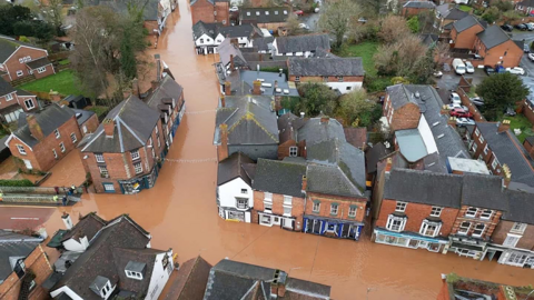 The streets of Tenbury Wells flooded when a brick wall next to a brook collapsed