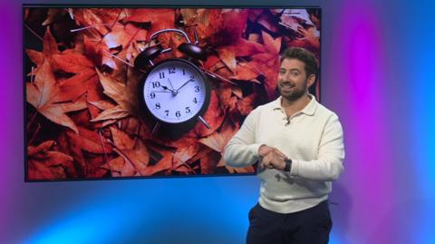 Ricky in the studio with a clock in the screen