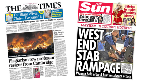 A composite image of the front pages of the Times and the Sun. "Plagiarism row professor resigns from Cambridge" reads the headline of the former and "West End stab rampage" reads the headline of the latter.