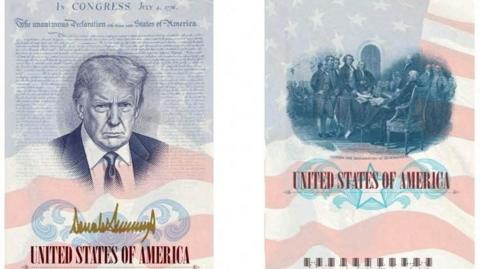 A US passport featuring an image and signature of U.S. President Donald Trump is seen this rendering released by the State Department in Washington DC.