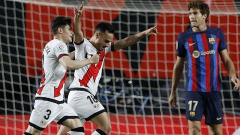 Rayo Vallecano's Alvaro Garcia celebrates scoring against Barcelona in La Liga