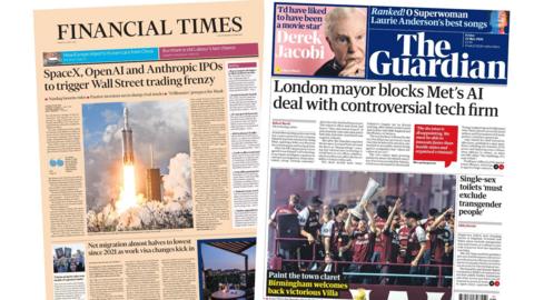 Newspaper headlines: 'Net migration almost halves' and 'Paint the town claret'