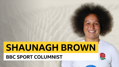 Shaunagh Brown in England kit and the words 'Shaunagh Brown BBC Sport Columnist'