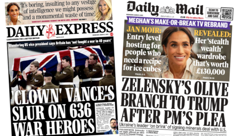 The headline on the front page of the Daily Express reads: “’Clown’ Vance’s slur on 636 war heroes." The headline on the front page of the Daily Mail reads: “Zelensky’s olive branch to Trump after PM’s plea.” 