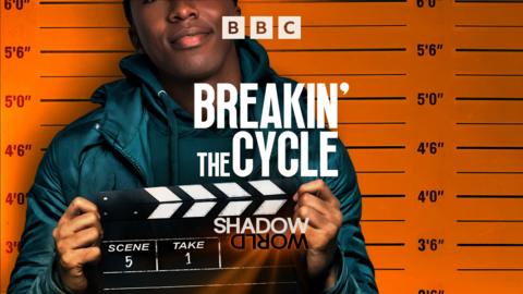 Breaking the cycle artwork. Man holding a film scene clapper board, against an orange background with height chart from a police suspect identification line. 