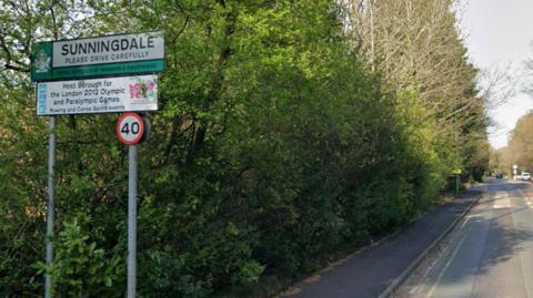 A Google Street View of the A30 into Sunningdale with a sign displaying the name of the town.