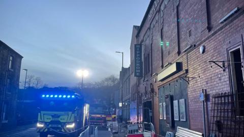 Fire engines outside an Edwardian theatre in Todmorden
