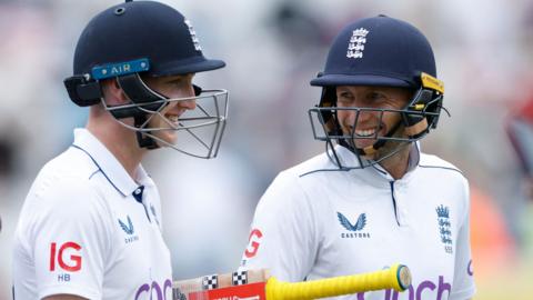 England's Harry Brook and Joe Root walk off at stumps on day three of the second Test against West Indies at Trent Bridge