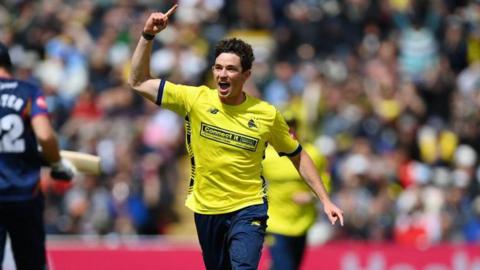 Hampshire fast bowler John Turner celebrates after taking a wicket 