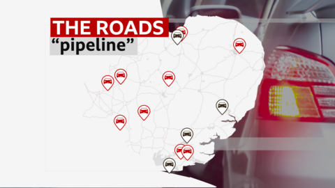 Map of the east of England showing road schemes which have been approved and those now under consideration.  They are all named in the article.