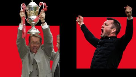 A composite image of Alan Curbishley [left] celebrating with the Division One play-off trophy and Nathan Jones [right] celebrating with arms aloft