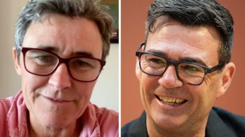 A side by side shot of Emma Roberts with thick-rimmed glasses and a pink t-shirt on the left and Prime Minister Andy Burnham with thich-rimmed glasses and a black t-shirt. They are both smiling and they are headshots.
