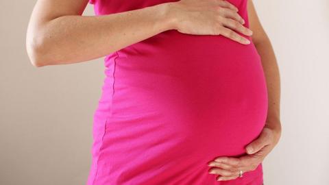 Close-up of an anonymous pregnant woman wearing a bright pink fitted dress. She is holding her large baby bump.