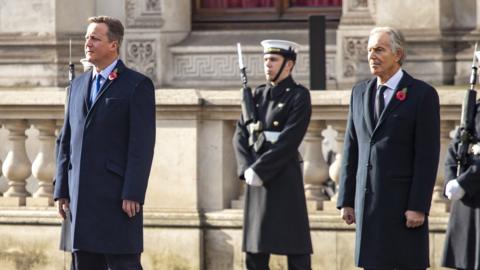 David Cameron and Tony Blair during the National Service of Remembrance Sunday