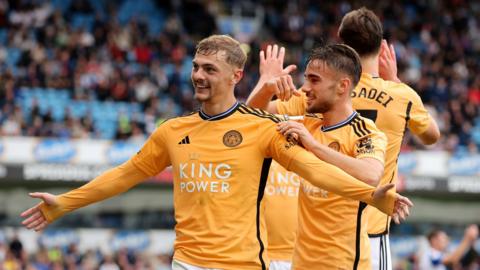 Kiernan Dewsbury-Hall celebrates Leicester's fourth goal at Blackburn