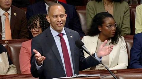 Democratic Minority House Leader Hakeem Jeffries points as he address the House