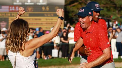 Keegan Bradley of the US celebrates clinching victory in the 2024 Presidents Cup with wife Jillian Stacey and team-mate Tony Finau