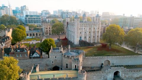A drone shot of the Tower of London surrounded by ceramic poppies