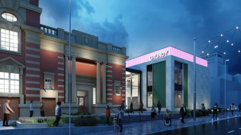 Artist's impression showing the glass side extension linking the Grundy gallery to th Grade II listed Central Library.