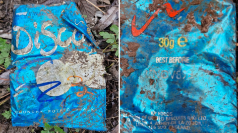 A crisp packet found in a wood which is dated 1989 - it is blue and says 'discos' on it - the image shows the front and the back.
