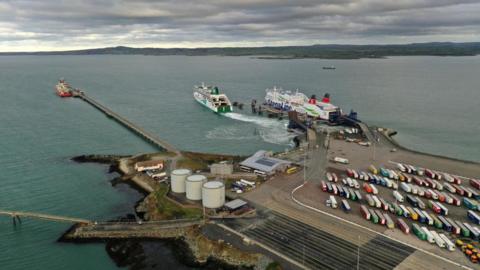 A general view of Holyhead port with one car ferry leaving its berth and another at its berth
