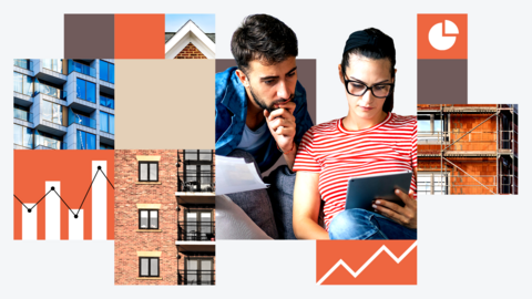 A woman wearing glasses looks at a tablet computer. A man is looking at the screen with her and has his hand under his mouth in a thoughtful pose. A composite image shows windows of flats, some scaffolding and some icons of charts representing data