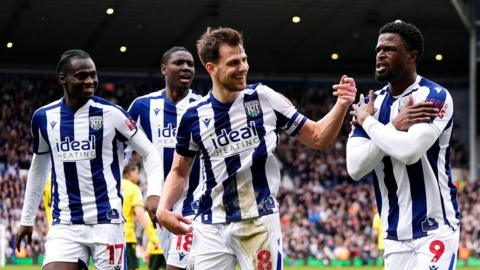 Josh Maja celebrates putting West Brom 2-0 up against Wrexham
