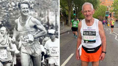 A composite picture shows a black and white image of Mac running the race as a young man. He is smiling. On the right is a photo from this year's London Marathon, in which he is wearing a white vest and orange shorts.