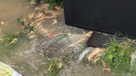 Sewage pouring out of a drain flooding a garden.