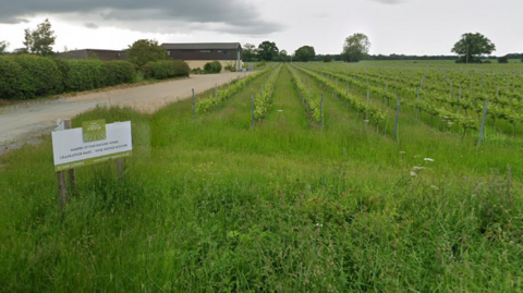 A sign is on the left next to a small road which leads to a barn. There is a field to the right of it which is a large vineyard.