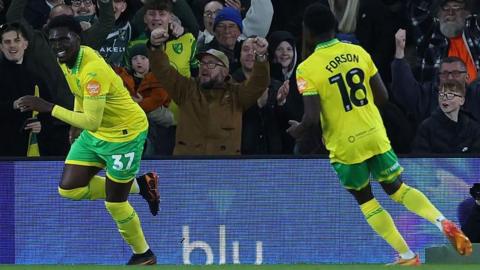 Mohamed Toure smiles after firing Norwich City in front against Derby County.