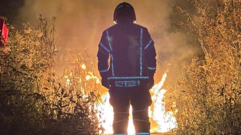 A firefighter in kit looks on as a fire rages in the nature reserve during the early hours of the morning.