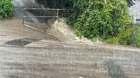 Flood in St Ives. Tarmac road and green vegetation with rain dropping on the ground