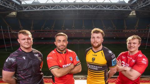 Dewi Lake, Liam Belcher, Aneurin Owen and Blair Murray pose for media at the Principality Stadium