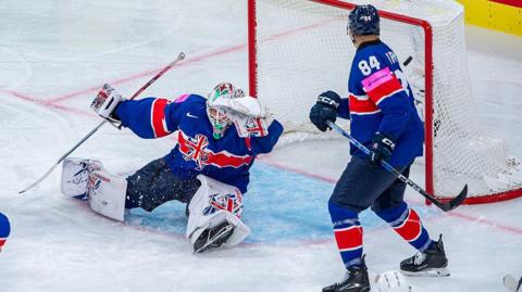 Goalie Ben Bowns of Great Britain in action during the 2026 IIHF Ice Hockey World Championship Switzerland game between Great Britain and USA