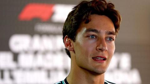 Mercedes driver George Russell pictured at the Emilia-Romagna Grand Prix media day