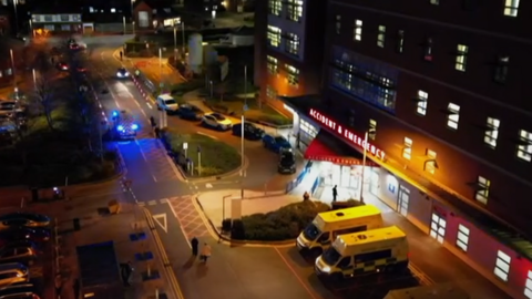 Whiston Hospital aerial shot at night