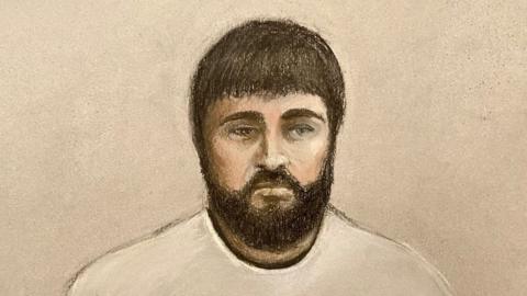 A court sketch of Kyle Clifford, who has a beard and medium length hair. He is wearing a grey sweater.