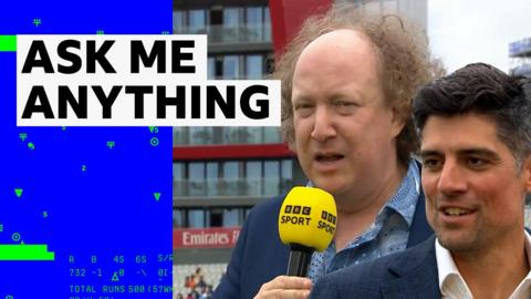Andy Zaltzman holding BBC Sport microphone, alongside Sir Alistair Cook
