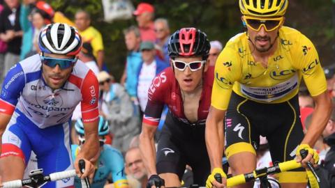 (l-r) Thibaut Pinot, Geraint Thomas and Julian Alaphilippe