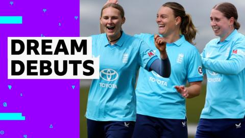 Jodi Grewcock, Dani Gibson, and Tilly Corteen-Coleman smile after their wickets in ODI against New Zealand